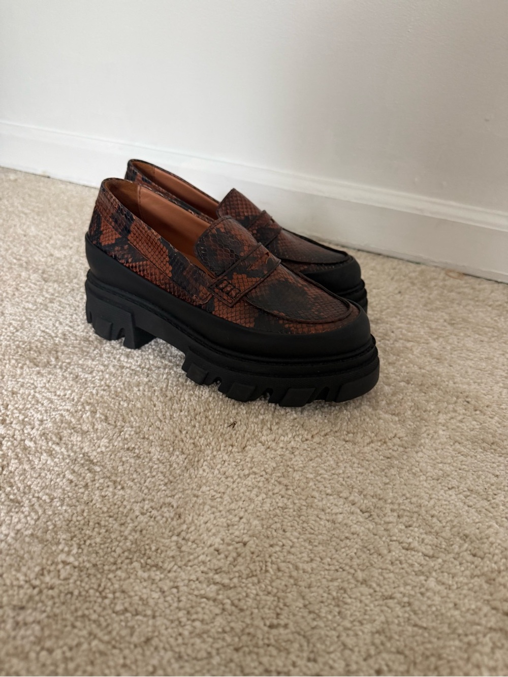 Ganni Loafers Snakeskin Embossed Chunky Platform in Brown Black - Picture 6 of 8
